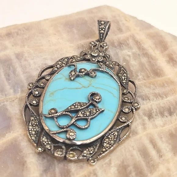 Turquoise & Marcasite Sterling Silver Pendant Floral & Leaf Design 925